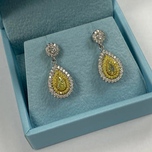 1.62Ct Fancy Yellow Pear Diamond Drop Earrings, 14K White Gold