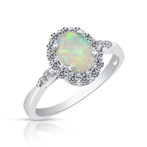 Sterling Silver Fire Opal Oval Ring, with CZ Halo