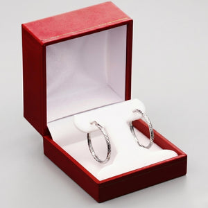 Stunning 14K White Gold Diamond-Cut Hoop Earrings - Elegant Hand-Engraved X-Pattern Available in Small, Medium, and Large Sizes.