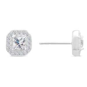 CZ Cushion Cut Halo Stud Earrings in Sterling Silver