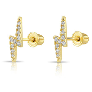 14K Solid Yellow Gold Lightning Bolt Studs, with Screw on Screwbacks