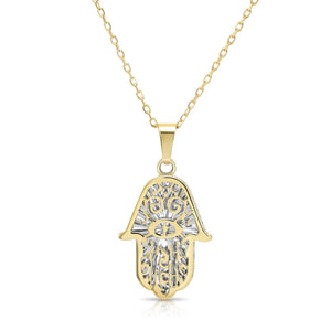 Stunning 14K Two-Tone Gold Hamsa Pendant Necklace with 18" Cable Chain.