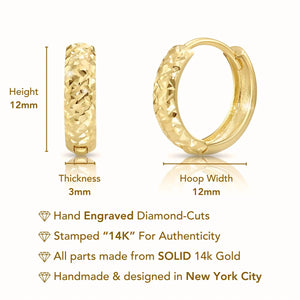 Solid 14K Gold Huggie Hoop Earrings, Hand Engraved Diamond-Cut Design, Available in 14K Yellow or White Gold, Size 12Mm, by TILO Jewelry