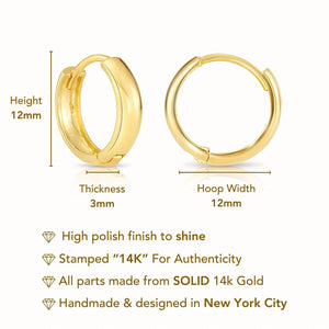 Elegant 14K Yellow Gold Handmade Small 12mm Shiny Huggie Hoop Earrings.