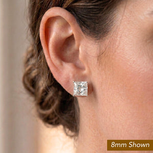 14K Solid White Gold Earrings, Square Studs with Cubic Zirconia Stones and 14K Solid Gold Butterfly Push-Backings, by TILO Jewelry
