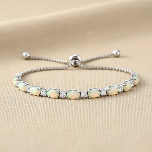 Sterling Silver Fire Opal Adjustable Bracelet with Cubic Zirconia Stones