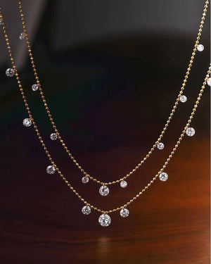18K Solid Gold Diamond Station Necklace, Dainty Dangling Diamond Necklace, Minimal Drop Necklace, Everyday Wear Fine Jewelry Gift for Women.