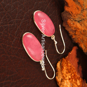 Sterling Silver Pink Jade Earrings: Boho Dangle Drop Earrings
