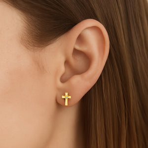 10K Yellow Gold Cross & Heart Stud Earrings with Center Stone