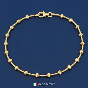 Elegant Sterling Silver Gold Plated Diamond-Cut Moon Bracelet with Beaded Ball Station Chain - Adjustable 7" to 7.5" with Secure Lobster Lock - Made in Italy.