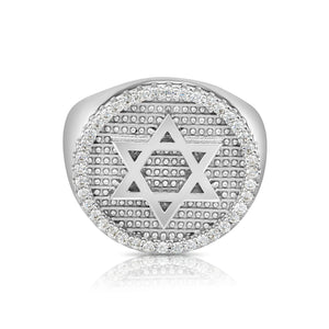 Solid 925 Sterling Silver Star of David Pave Signet Statement Pinky Band Ring