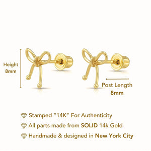 Elegant 14K Solid Yellow Gold Ribbon Bow Stud Earrings with Secure Screwback Closure.