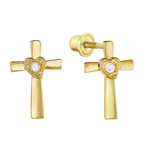 14K Gold CZ Cross Stud Earrings with Screwbacks