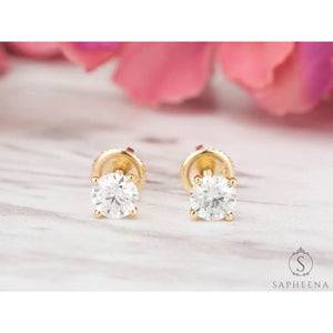 10K Gold Moissanite Stud Earrings | Screw Back round Cut Solitaire | Everyday Diamond Alternative Earrings