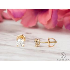10K Gold Moissanite Stud Earrings | Screw Back round Cut Solitaire | Everyday Diamond Alternative Earrings