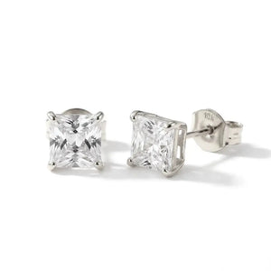 10K White Gold Princess-Cut Square CZ Studs, Pushback