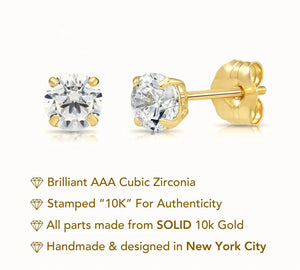 10K Yellow Gold Classic Solitaire Stud Earrings with Pushbacks