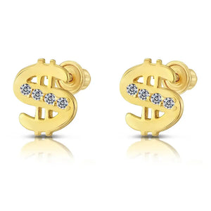 10K Yellow Gold Dollar Sign Stud Earrings, Unisex