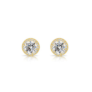10K Yellow Gold Solitaire Halo Pushback Stud Earrings