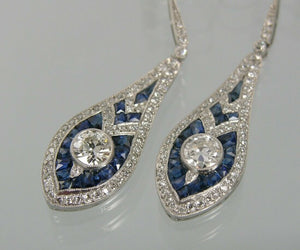 Art Deco Sapphire Dangle Drop Earring, Two Tone Lever Back Earring, Blue Baguette & Old European Cut Diamond Earring, Retro Navette Earrings