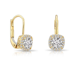 Stunning 14K Solid Gold Halo Cushion Drop Dangle Earrings with Secure Lever-Backs.