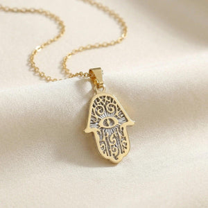 Stunning 14K Two-Tone Gold Hamsa Pendant Necklace with 18" Cable Chain.