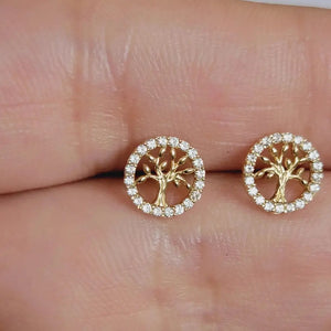 14K Gold Diamond Tree of Life Earrings – Elegant and Meaningful Studs for Everyday Luxury and Special Occasions.