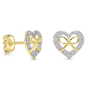 14K Gold Lab Diamond Heart & Bow Stud Earrings with Pushbacks, 0.20Ctw