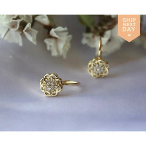 14K Gold Leverback Earrings – Round Geometric Solitaire Earrings in Yellow Gold for Women.
