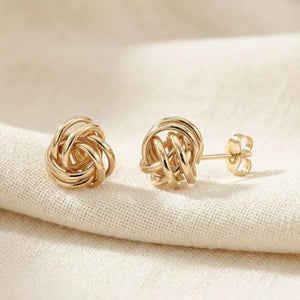 14K Gold Love Knot Stud Earrings with Hand Engraved Diamond Cuts, 9Mm, Pushback Studs