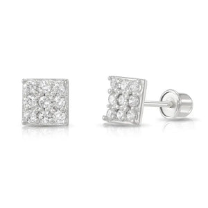 14K Gold Square CZ Stud Earrings, Screwback