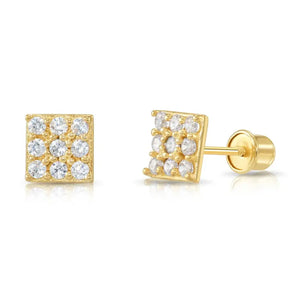 14K Gold Square CZ Stud Earrings, Screwback