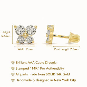 14K Solid Gold Butterfly CZ Stud Earrings, with Secure Screw-Backs