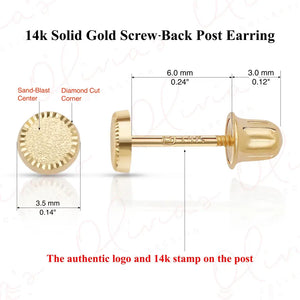 14K Solid Gold Circle Stud Earrings: Diamond Cut Sandblast Finish