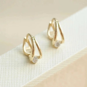 14K Solid Gold Double Circle Crystal Huggie Hoop Earrings - Elegant & Dainty for Everyday Glamour.