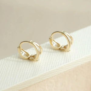 14K Solid Gold Double Circle Crystal Huggie Hoop Earrings - Elegant & Dainty for Everyday Glamour.