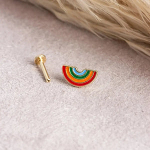 14K Solid Gold Rainbow Stud Earrings – Secure Screw Back Helix Cartilage Jewelry.