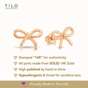 14K Solid Rose Gold Ribbon Bow Stud Earrings, with Secure Screw-Backs