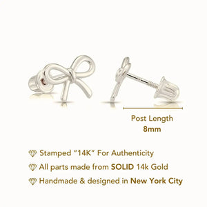 14K Solid White Gold Ribbon Bow Stud Earrings, with Secure Screw-Backs