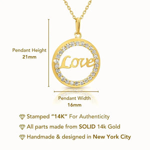 14K Solid Yellow Gold Love Script CZ Pendant Necklace with 18" Cable Chain.