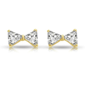 14K Solid Yellow Gold Triangle CZ Ribbon Bow Studs, Screwback