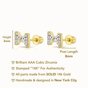 14K Solid Yellow Gold Triangle CZ Ribbon Bow Studs, Screwback