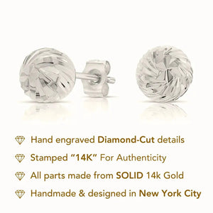 14K White Gold Ball Studs with Hand Engraved Spiral Design