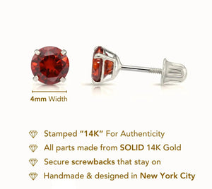 14K White Gold Birthstone Stud Earrings, Screw-Back, 4Mm
