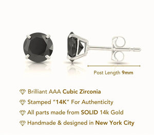 14K White Gold Black Onyx CZ Studs, Pushback