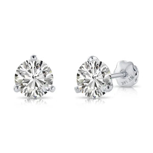 14K White Gold Brilliant-Cut Lab Diamond Studs, Classic Martini 3-Prong Setting, Screwback