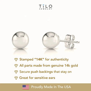14K White Gold Classic Ball Stud Earrings with Pushbacks