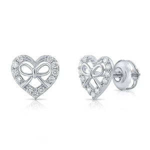 14K White Gold Heart & Ribbon Lab Diamond Studs, 0.20Ctw, Screwback