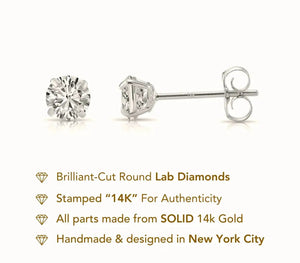 14K White Gold Lab Diamond Stud Earrings, CVD Brilliant Solitaire round Diamond Studs, Pushback