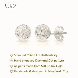 14K White Gold Sparkle Ball Stud Earrings, Hand Engraved Diamond-Cuts